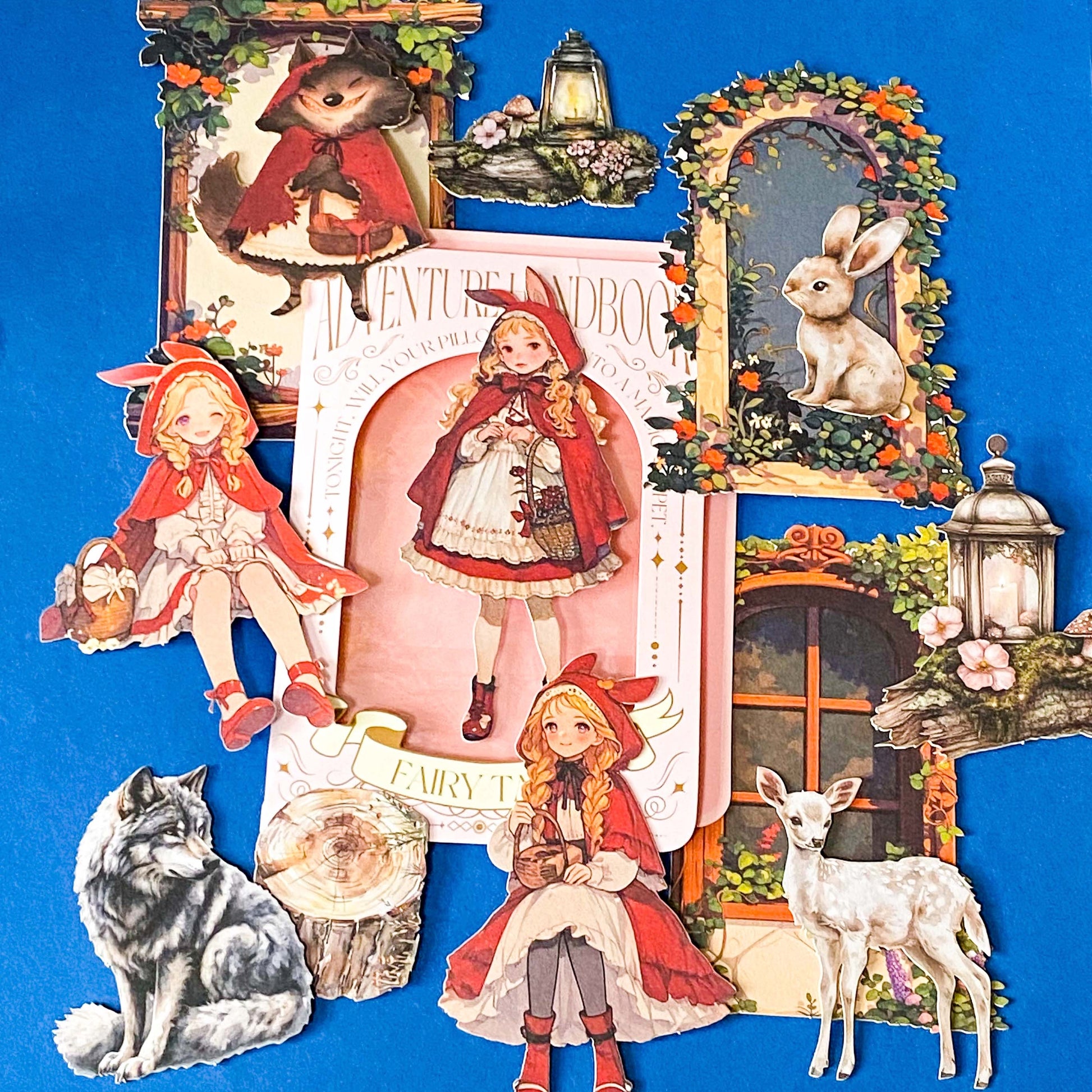 little red riding hood letterbox gift set with 14 large card stickers of the wolf, woodland animals and red riding hood herself