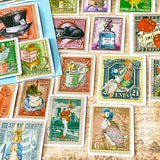 vintage postage stamp stickers set with beatrix potter and alice in wonderland illustrations