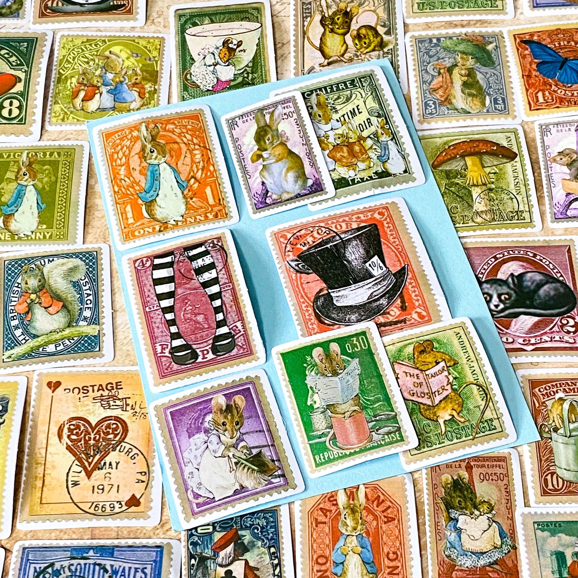 storybook illustration stamp stickers with alice in wonderland hat, tights, mushroom and tea cup and peter rabbit and woodland animals