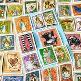 storybook illustration stamp stickers with alice in wonderland hat, tights, mushroom and tea cup and peter rabbit and woodland animals