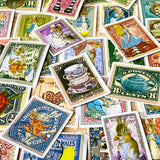 vintage style stamp stickers set of 62 with alice in wonderland and beatrix potter characters including the white rabbit guard, tea cups, mrs titlemouse and alice