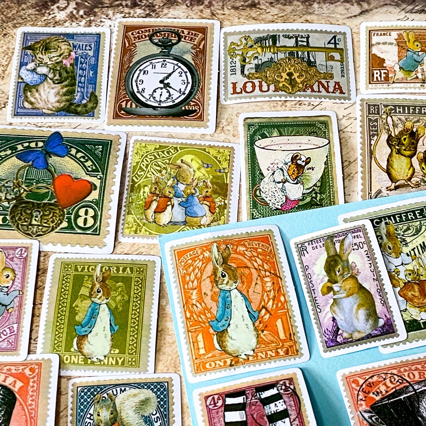 Alice in Wonderland & Beatrix Potter Vintage Stamp Stickers- 62 Satin Finish Scrapbooking & Laptop Stickers *discontinued