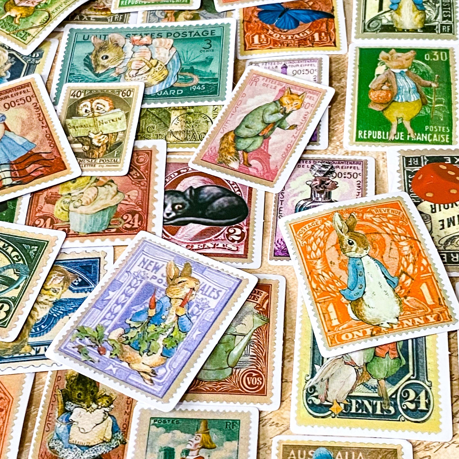 whimsical woodland animal stamp stickers set including rabbits, fox, cat, owl and pig