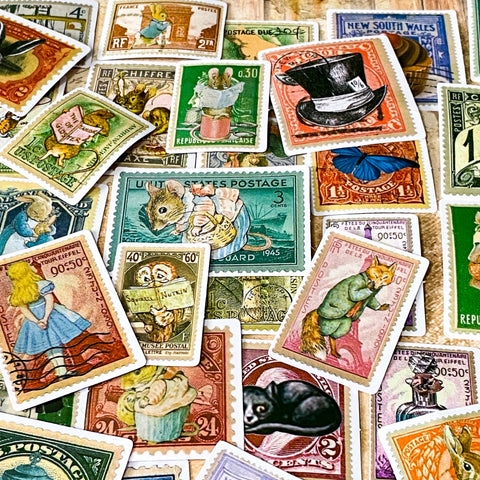 vintage stamp style stickers with alice in wonderland and beatrix potter illustrations