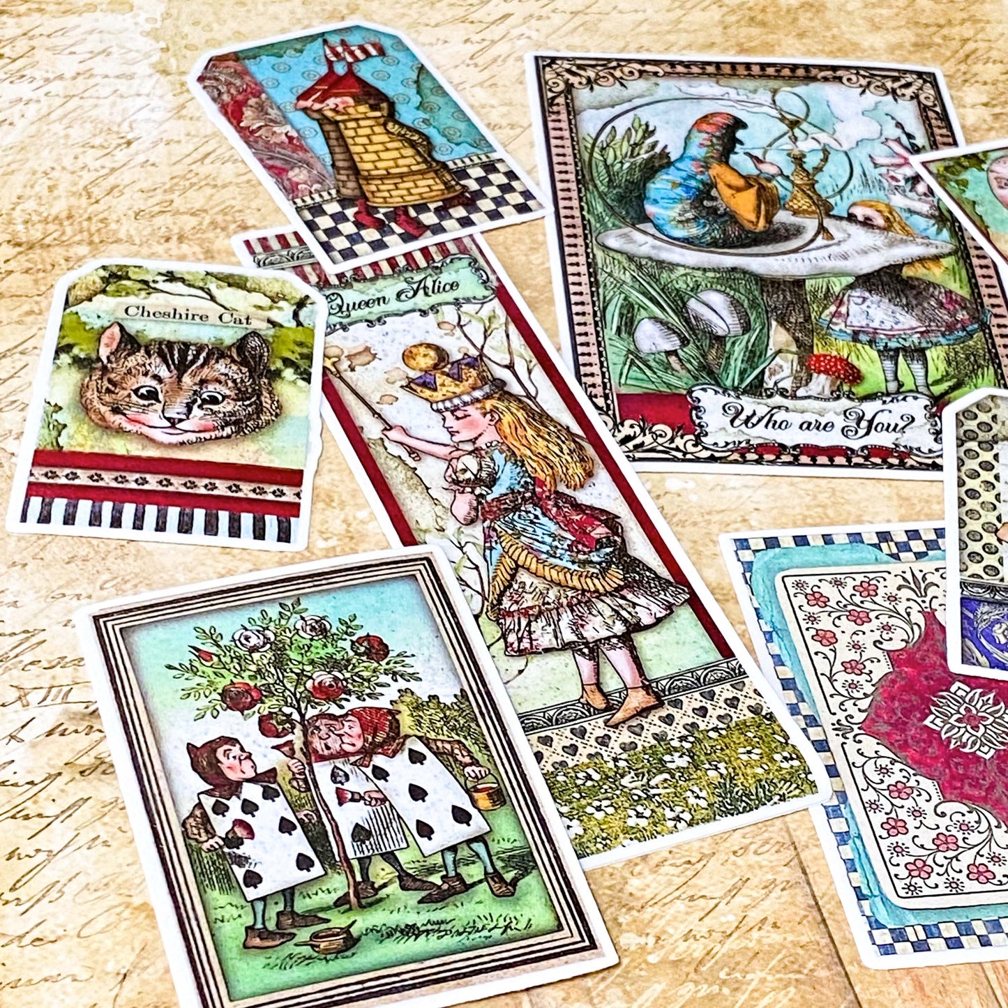 large vintage alice in wonderland vinyl stickers featuring the mad hatter, cheshire cat and illustrated storybook characters