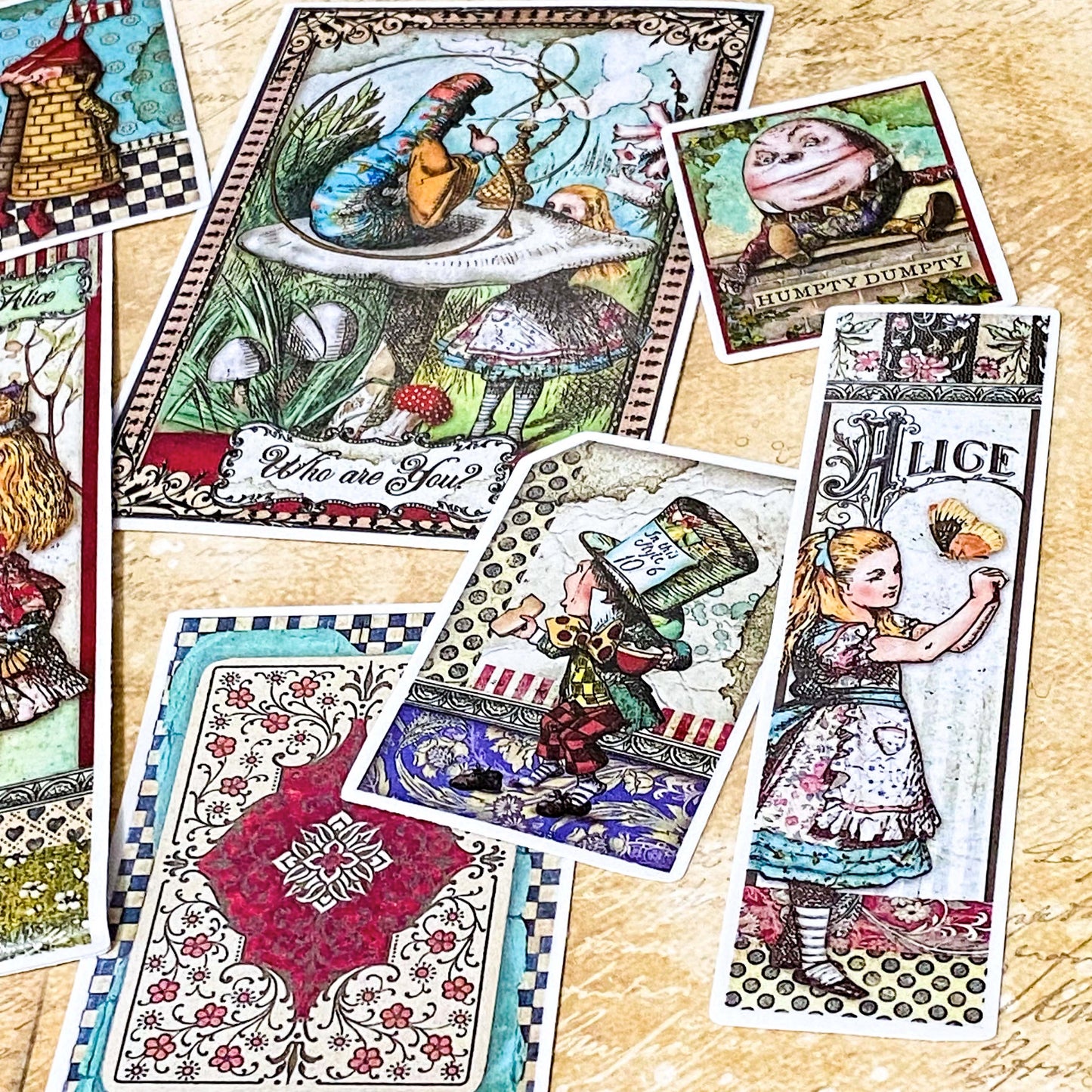 large vintage alice in wonderland vinyl stickers featuring the mad hatter, cheshire cat and illustrated storybook characters