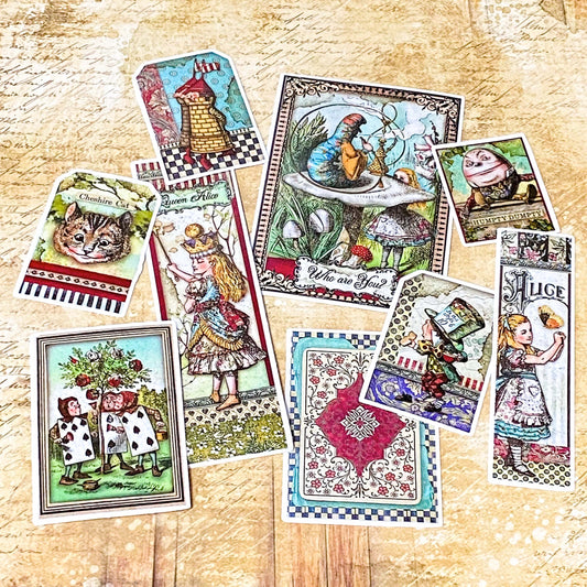 large vintage alice in wonderland vinyl stickers featuring the mad hatter, cheshire cat and illustrated storybook characters