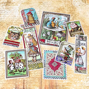 large vintage alice in wonderland vinyl stickers featuring the mad hatter, cheshire cat and illustrated storybook characters