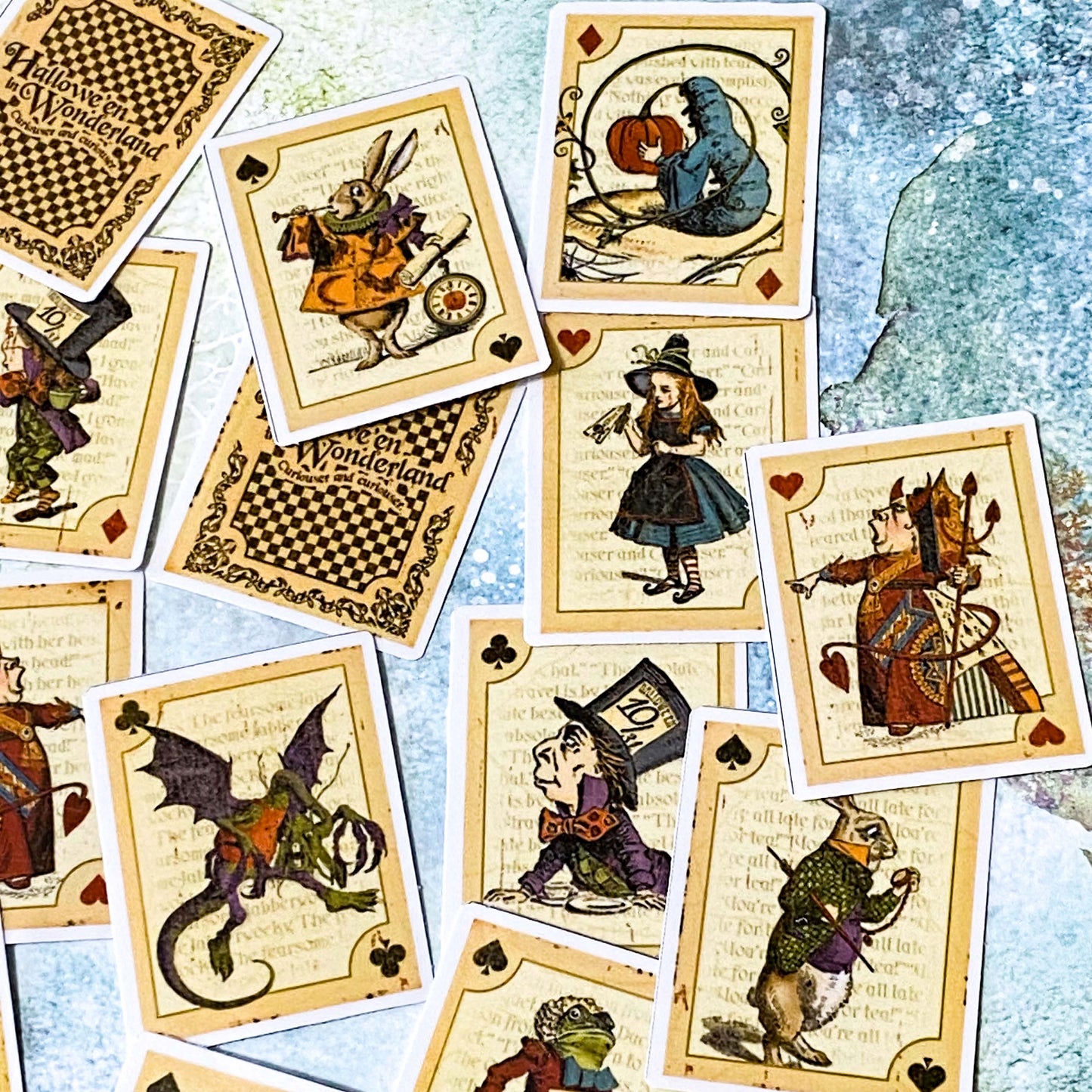 vintage alice in wonderland satin stickers featuring alice, mad hatter, white rabbit and queen in playing card designs with a halloween feel