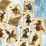 vintage alice in wonderland satin stickers featuring alice, mad hatter, white rabbit and queen in playing card designs with a halloween feel