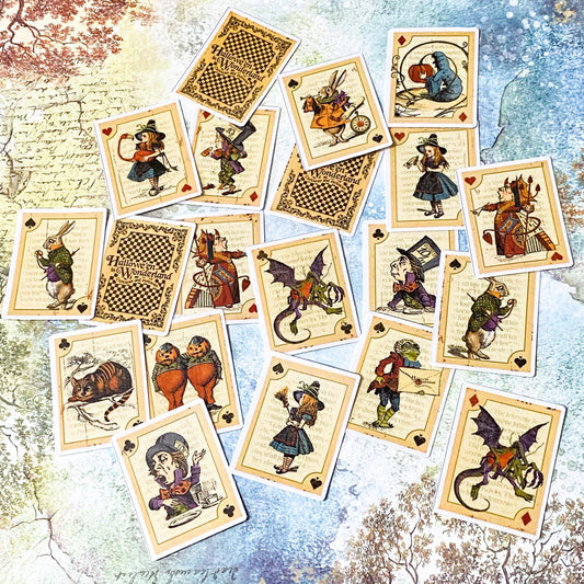 vintage alice in wonderland satin stickers featuring alice, mad hatter, white rabbit and queen in playing card designs with a halloween feel