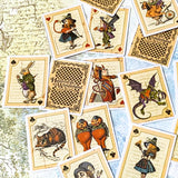 vintage alice in wonderland satin stickers featuring alice, mad hatter, white rabbit and queen in playing card designs with a halloween feel