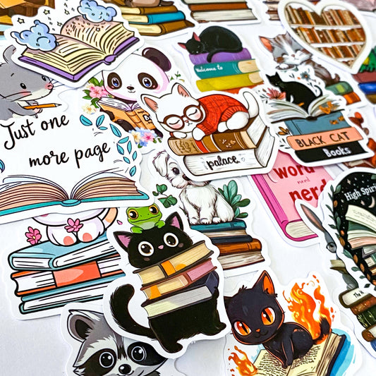 book books lover love reading bookworm uk cute kawaii stationery laptop sticker stickers pack set animal animals cat cats black bear mouse tiger otter panda fox frog matte gift gifts