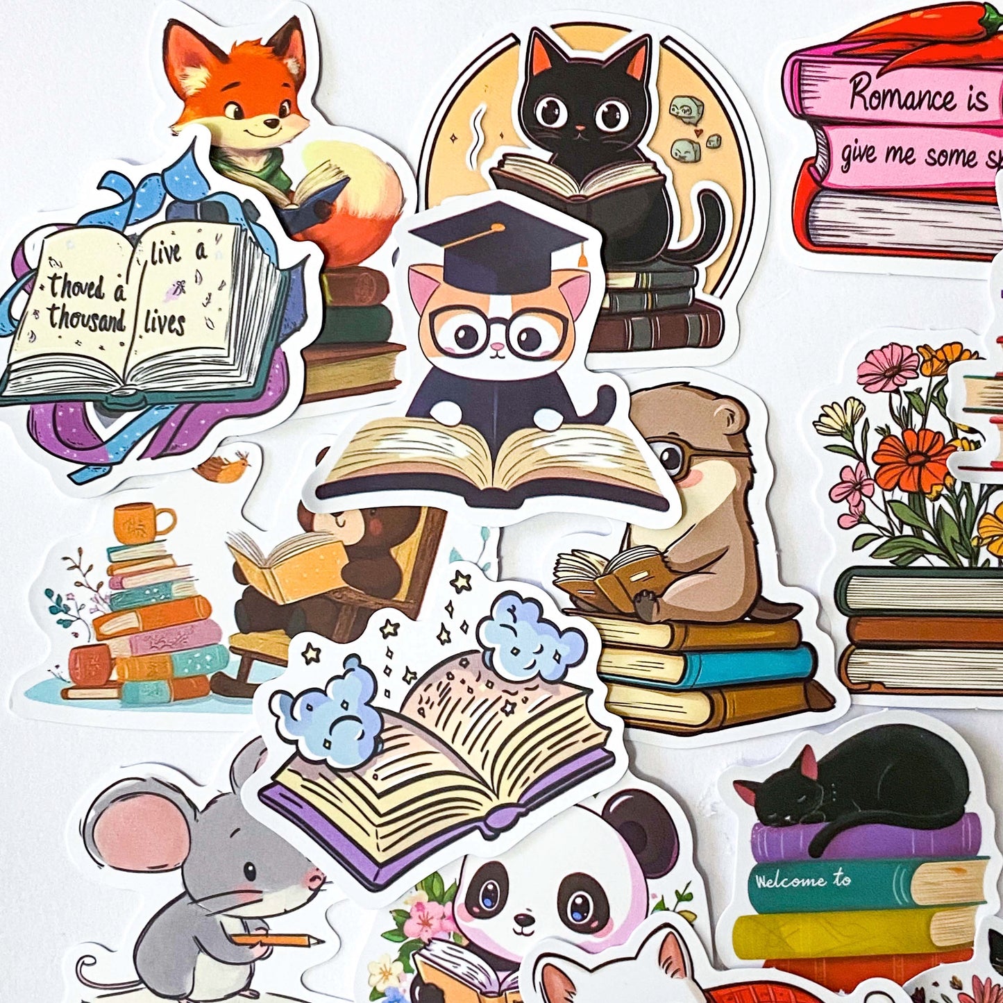 book books lover love reading bookworm uk cute kawaii stationery laptop sticker stickers pack set animal animals cat cats black bear mouse tiger otter panda fox frog matte gift gifts