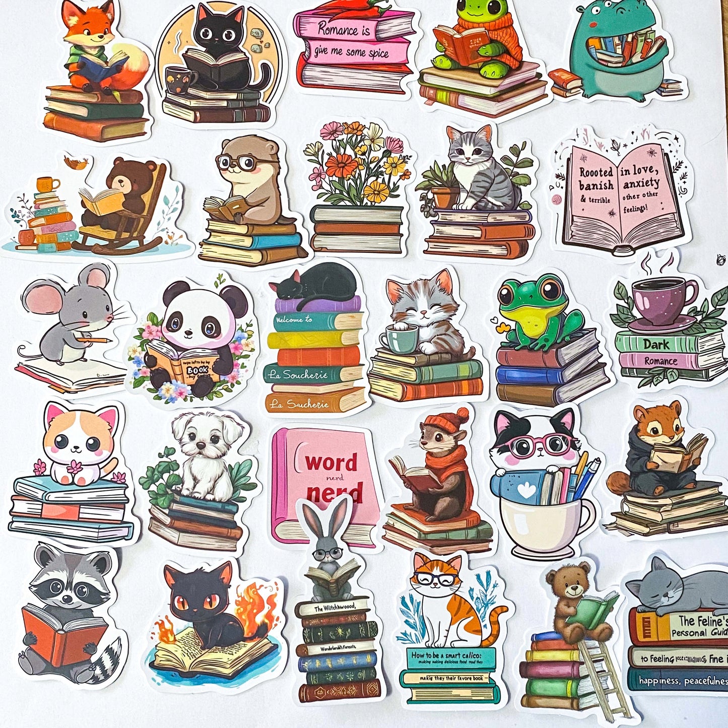 book books lover love reading bookworm uk cute kawaii stationery laptop sticker stickers pack set animal animals cat cats black bear mouse tiger otter panda fox frog matte gift gifts