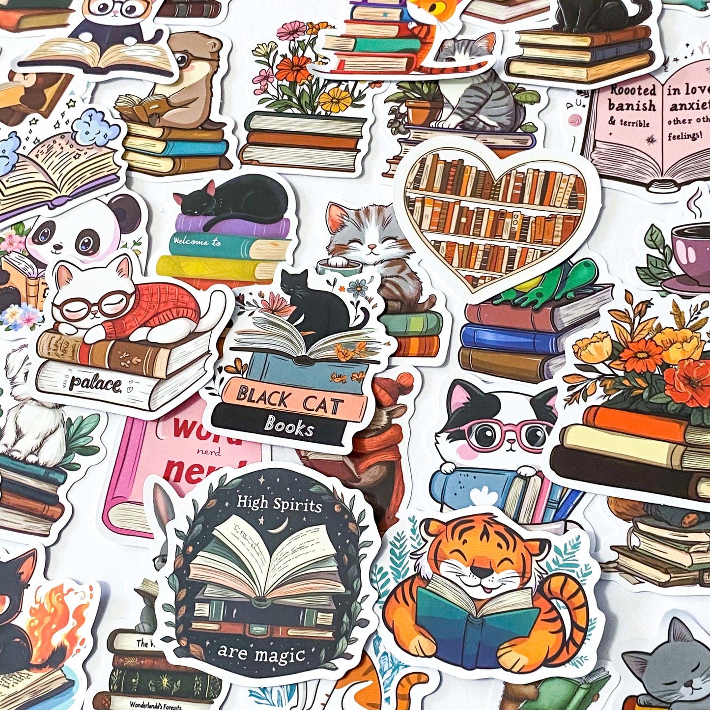 book books lover love reading bookworm uk cute kawaii stationery laptop sticker stickers pack set animal animals cat cats black bear mouse tiger otter panda fox frog matte gift gifts