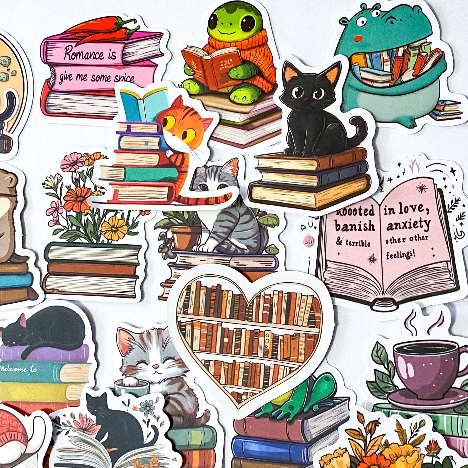 book books lover love reading bookworm uk cute kawaii stationery laptop sticker stickers pack set animal animals cat cats black bear mouse tiger otter panda fox frog matte gift gifts