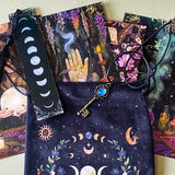 black velvet moon tarot pouch letterbox gift set with mystical postcards, acrylic moon tassel bookmark and antique key necklace with faux moonstone pendant