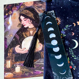 black velvet moon tarot pouch letterbox gift set with mystical postcards, acrylic moon tassel bookmark and antique key necklace with faux moonstone pendant