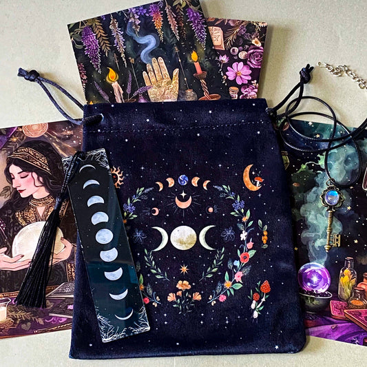 black velvet moon tarot pouch letterbox gift set with mystical postcards, acrylic moon tassel bookmark and antique key necklace with faux moonstone pendant