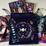 black velvet moon tarot pouch letterbox gift set with mystical postcards, acrylic moon tassel bookmark and antique key necklace with faux moonstone pendant
