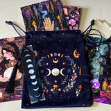 black velvet moon tarot pouch letterbox gift set with mystical postcards, acrylic moon tassel bookmark and antique key necklace with faux moonstone pendant