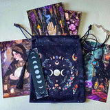 black velvet moon tarot pouch letterbox gift set with mystical postcards, acrylic moon tassel bookmark and antique key necklace with faux moonstone pendant