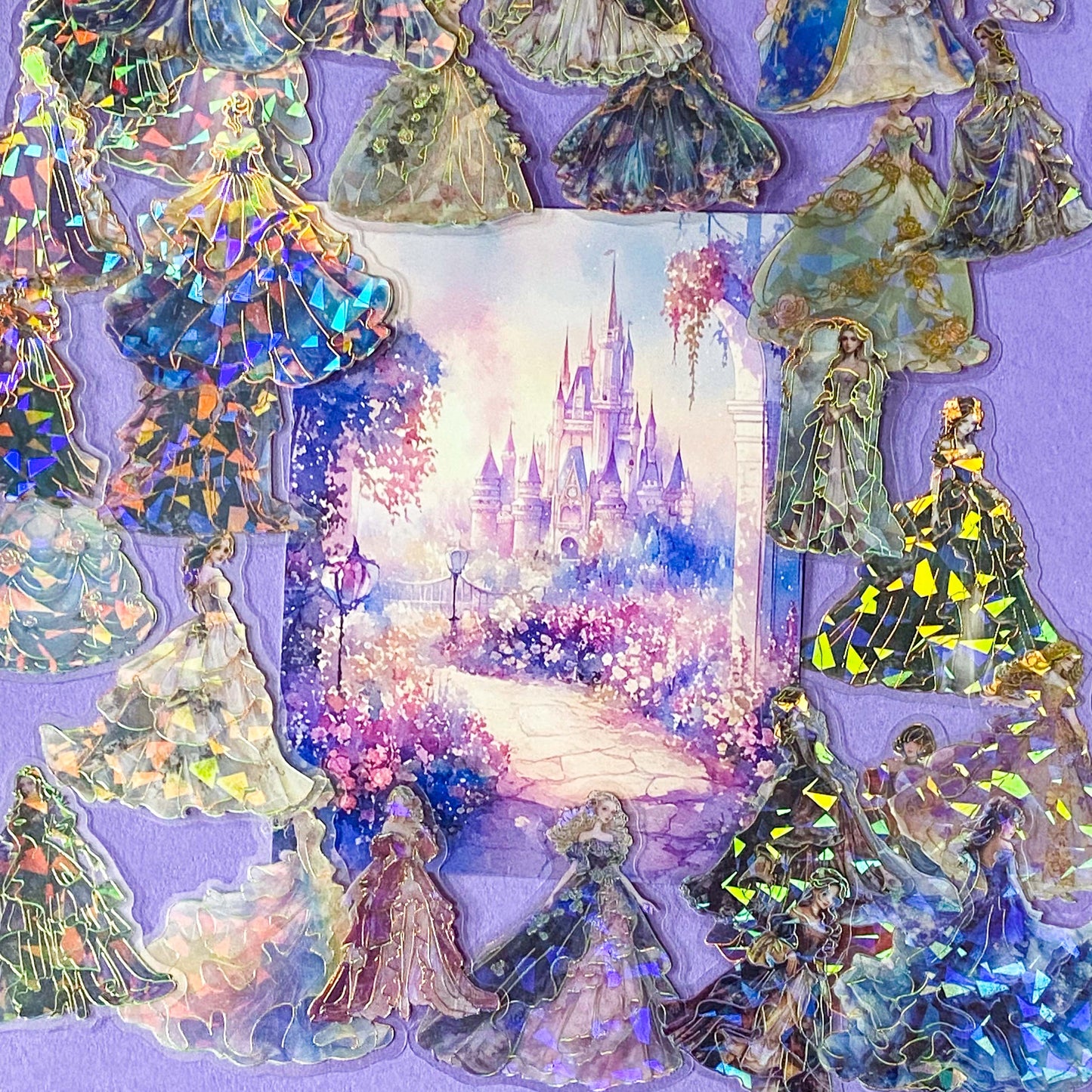 pack of 30 holographic princess stickers with gold foil outlines featuring elegant dancing princesses, castle scenes and fantasy ball gowns on transparent pet plastic clear material. uk cute stationery shop. storybook sticker set.