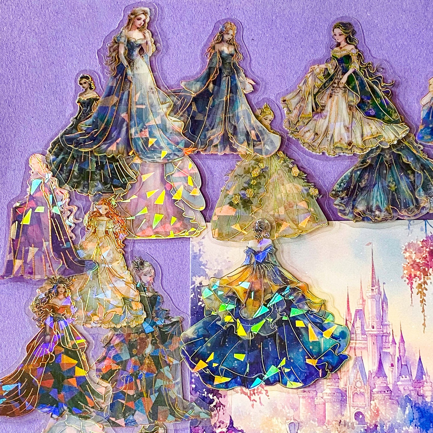 pack of 30 holographic princess stickers with gold foil outlines featuring elegant dancing princesses, castle scenes and fantasy ball gowns on transparent pet plastic clear material. uk cute stationery shop. storybook sticker set.