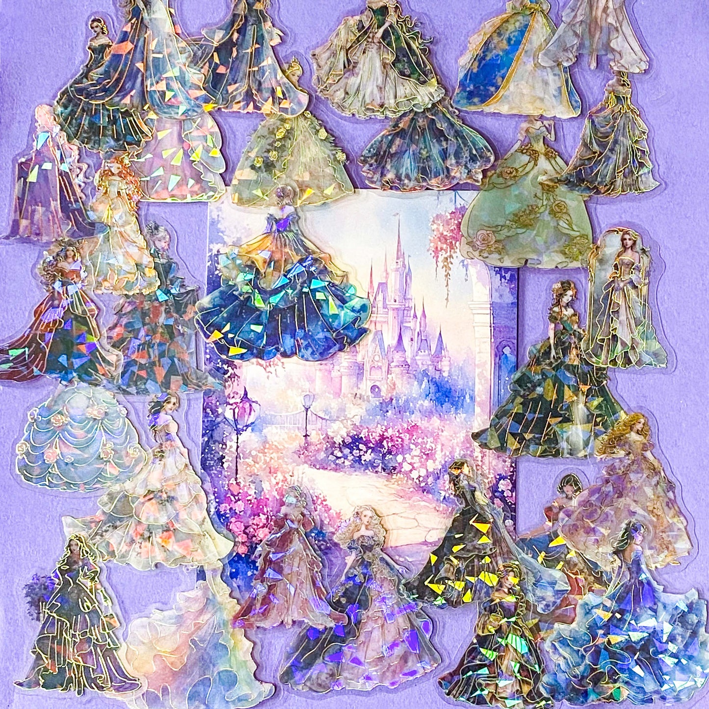 pack of 30 holographic princess stickers with gold foil outlines featuring elegant dancing princesses, castle scenes and fantasy ball gowns on transparent pet plastic clear material. uk cute stationery shop. storybook sticker set.