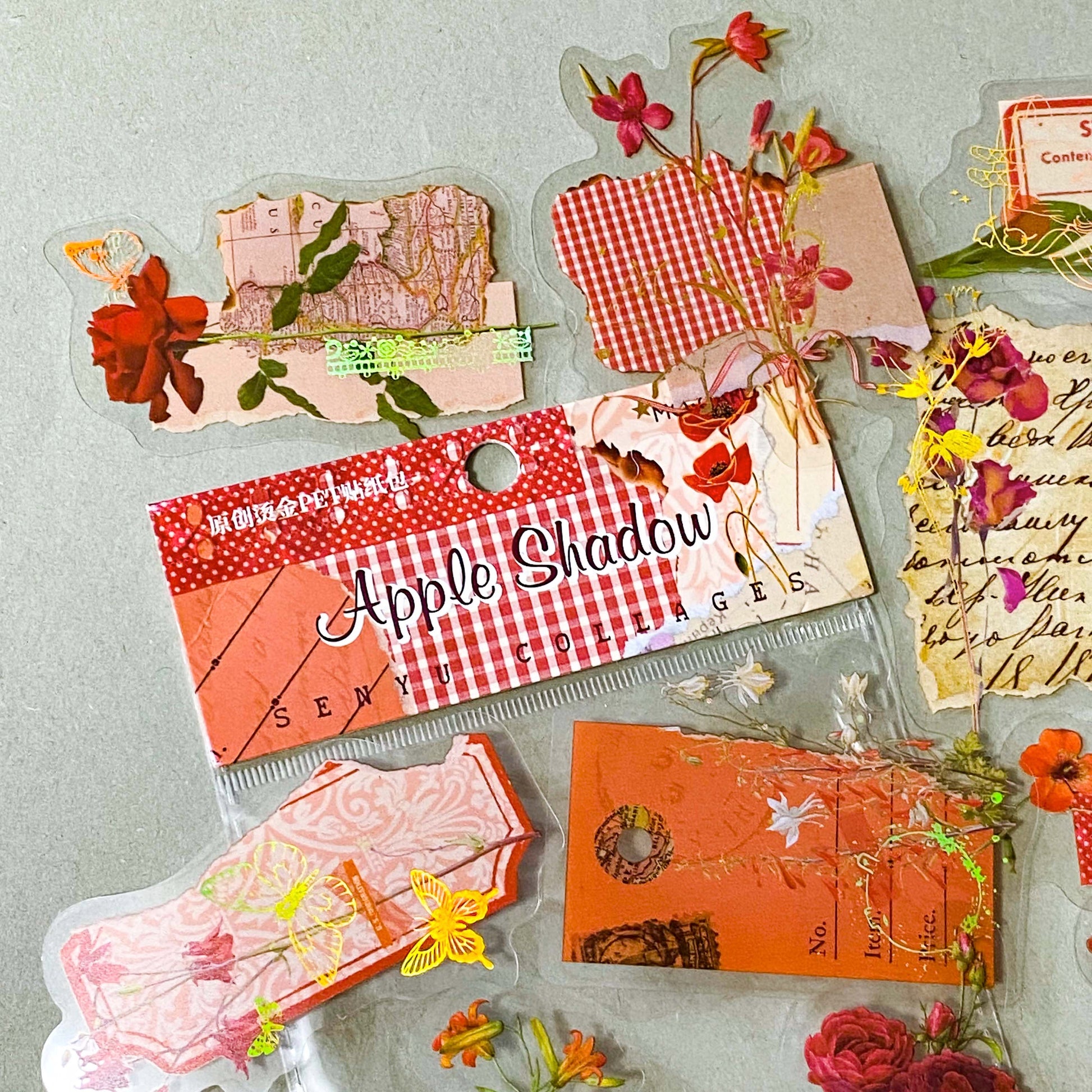 apple shadow vintage floral PET sticker pack featuring pink and red roses, orange poppies, lace details, labels and botanical collage elements with gold holo foil accents. uk cute stationery and sticker shop.