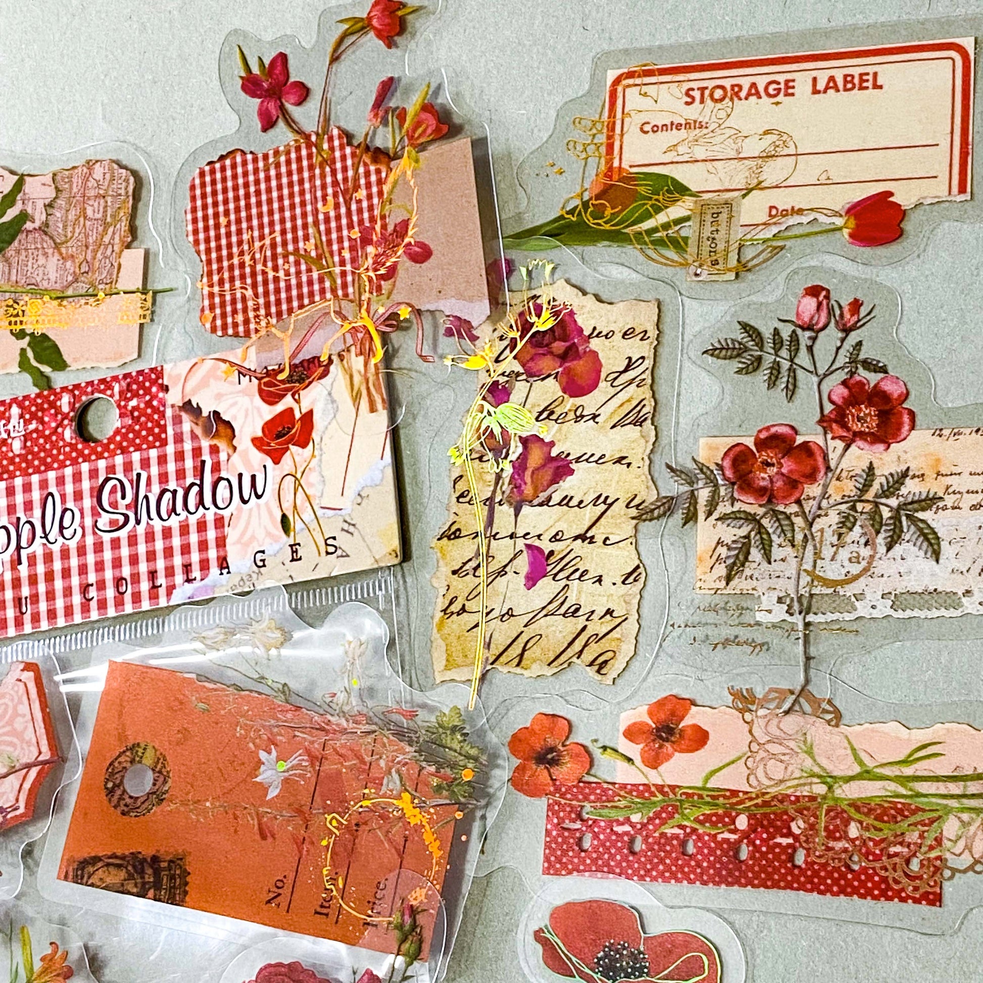apple shadow vintage floral PET sticker pack featuring pink roses, orange poppies, lace details, labels and botanical collage elements with gold holo foil accents. uk cute stationery and sticker shop.