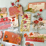 apple shadow vintage floral PET sticker pack featuring pink roses, orange poppies, lace details, labels and botanical collage elements with gold holo foil accents. uk cute stationery and sticker shop.
