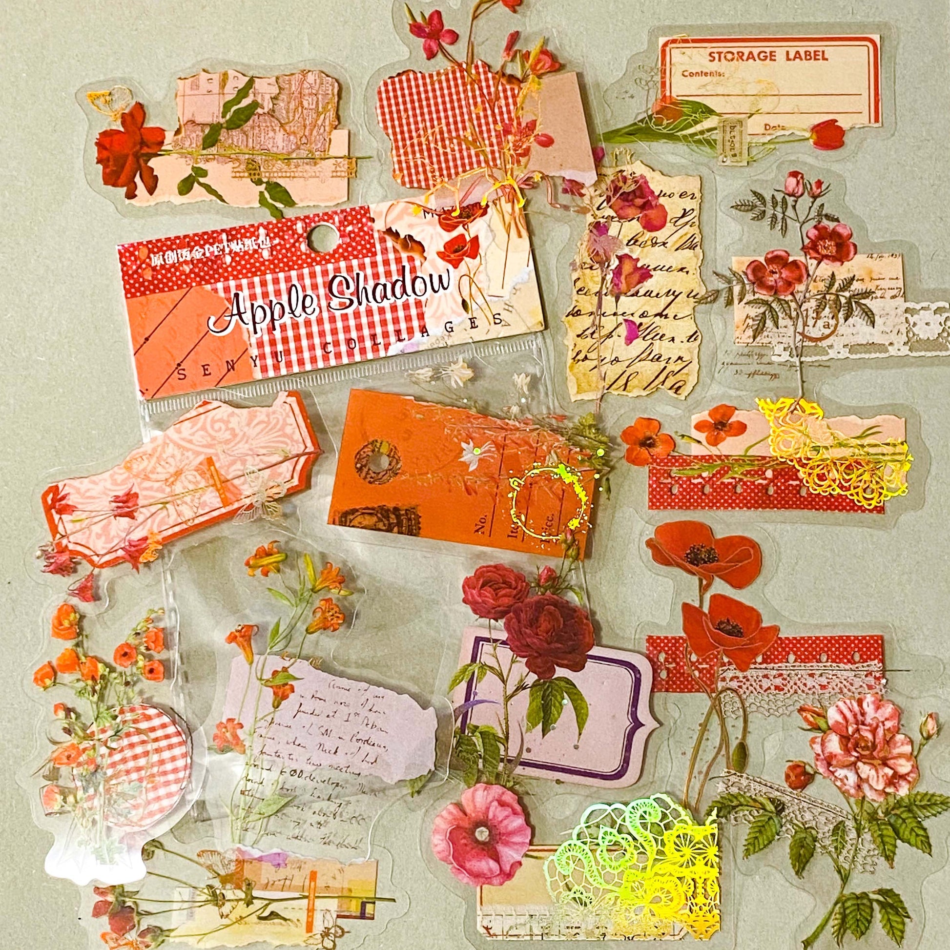 apple shadow vintage floral PET sticker pack featuring pink roses, orange poppies, lace details, labels and botanical collage elements with gold holo foil accents. uk cute stationery and sticker shop.