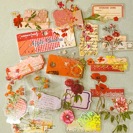 apple shadow vintage floral PET sticker pack featuring pink roses, orange poppies, lace details, labels and botanical collage elements with gold holo foil accents. uk cute stationery and sticker shop.