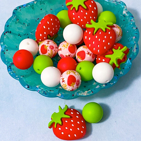 strawberry strawberries bead beads large jumbo 22mm 15mm round patterned green red white pretty craft supplies shop store uk jewellery making floral silicone