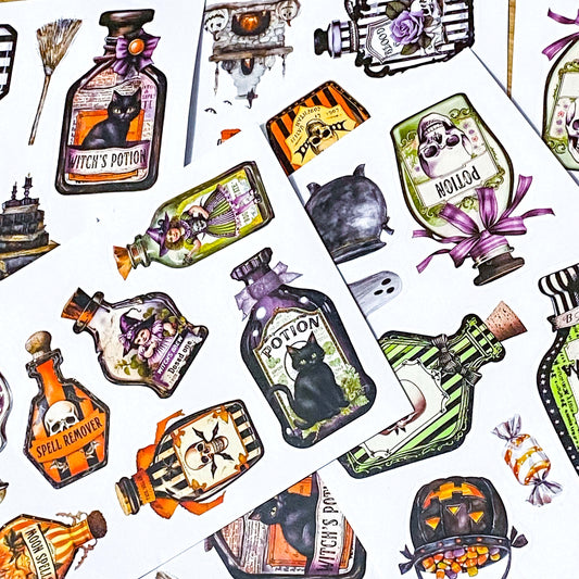 magic magical potion potions bottle bottles jar jars halloween sticker stickers spooky cute uk kawaii stationery bargain pretty glossy peel off die cut cuts cat cats black skull skulls fairy witch cauldron black white green orange purple