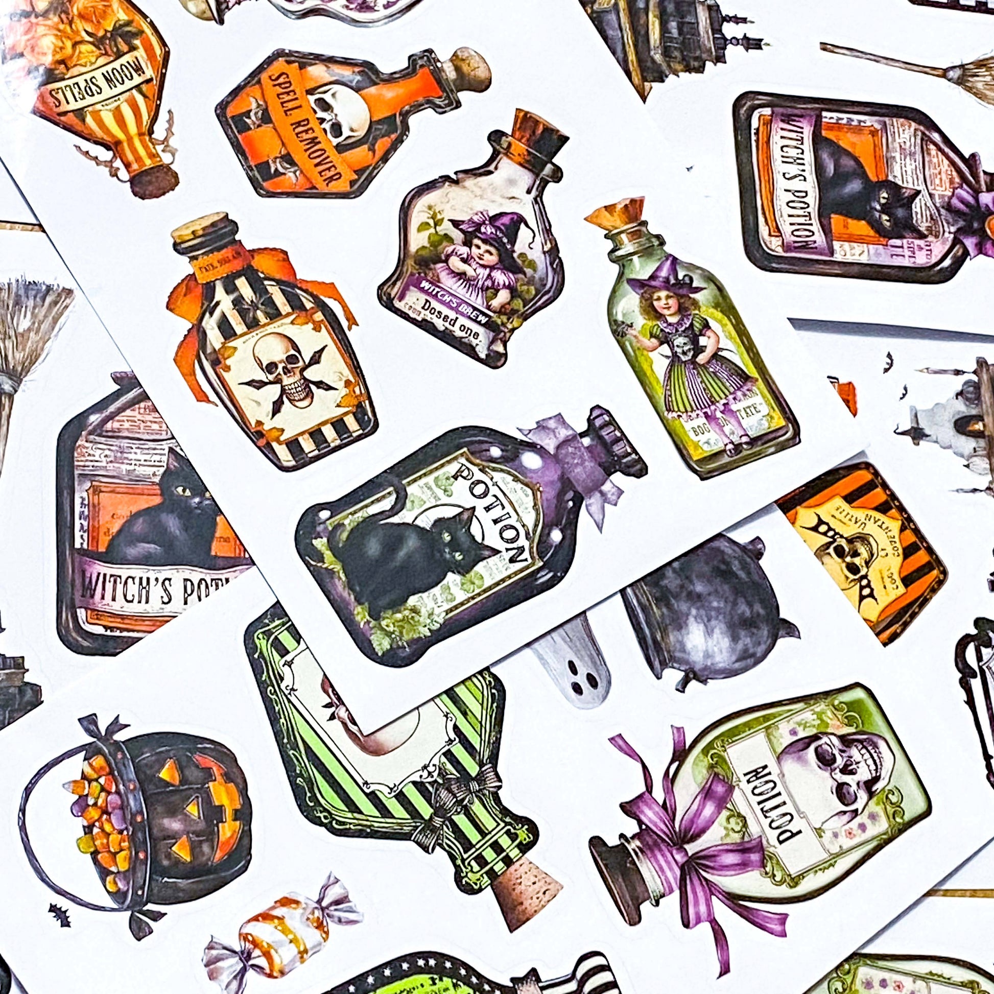 magic magical potion potions bottle bottles jar jars halloween sticker stickers spooky cute uk kawaii stationery bargain pretty glossy peel off die cut cuts cat cats black skull skulls fairy witch cauldron black white green orange purple