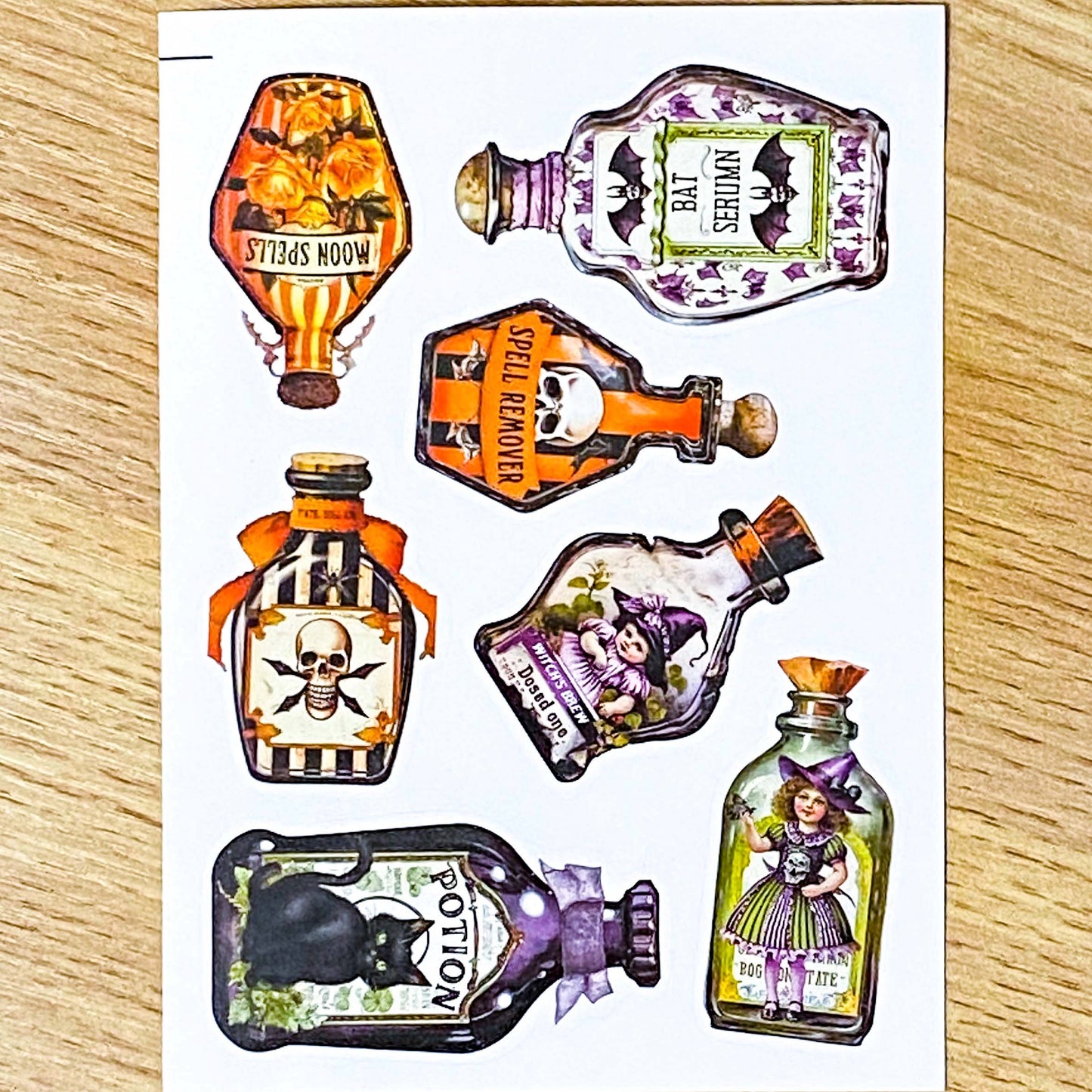magic magical potion potions bottle bottles jar jars halloween sticker stickers spooky cute uk kawaii stationery bargain pretty glossy peel off die cut cuts cat cats black skull skulls fairy witch cauldron black white green orange purple