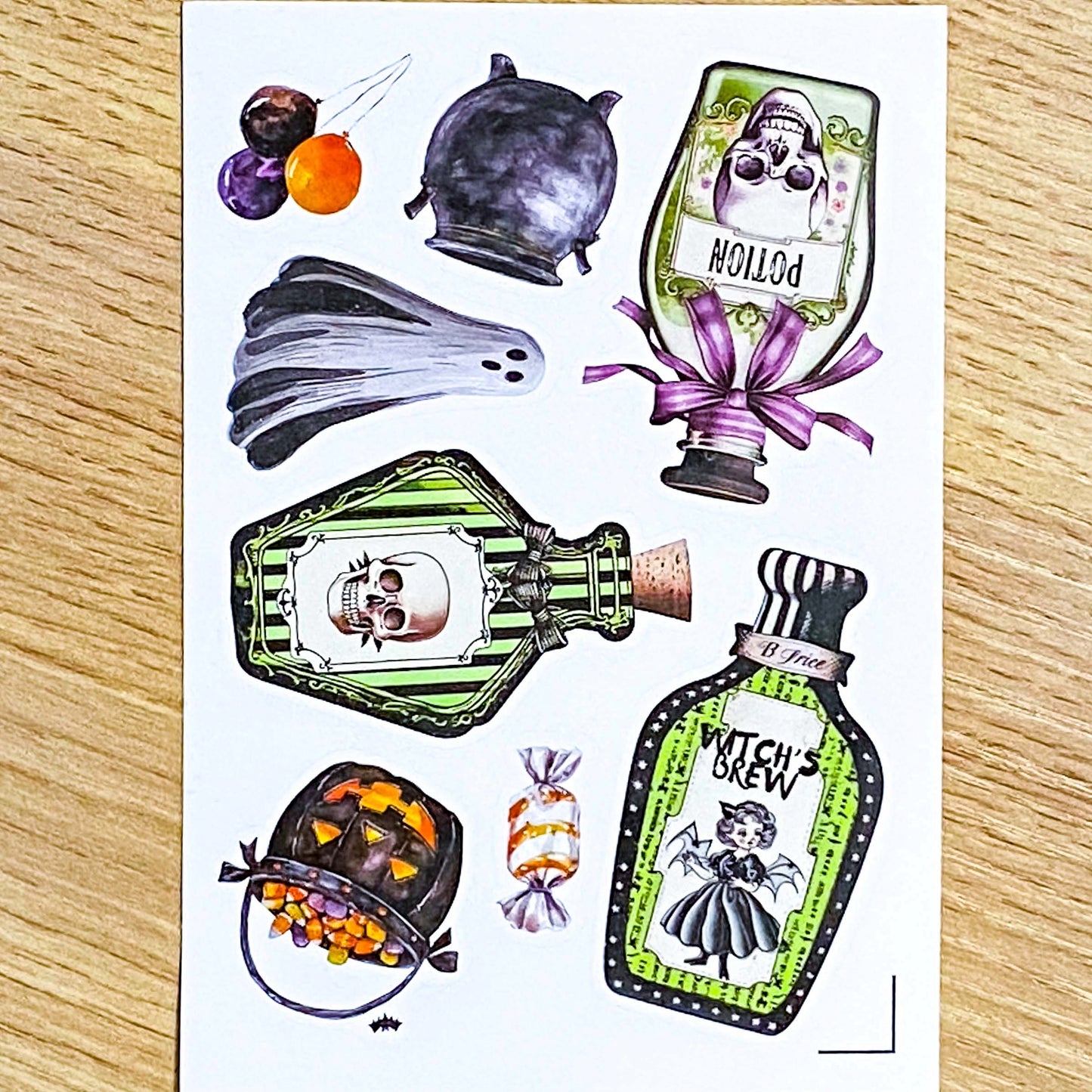 magic magical potion potions bottle bottles jar jars halloween sticker stickers spooky cute uk kawaii stationery bargain pretty glossy peel off die cut cuts cat cats black skull skulls fairy witch cauldron black white green orange purple