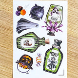 magic magical potion potions bottle bottles jar jars halloween sticker stickers spooky cute uk kawaii stationery bargain pretty glossy peel off die cut cuts cat cats black skull skulls fairy witch cauldron black white green orange purple