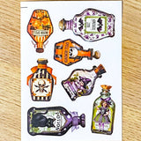 magic magical potion potions bottle bottles jar jars halloween sticker stickers spooky cute uk kawaii stationery bargain pretty glossy peel off die cut cuts cat cats black skull skulls fairy witch cauldron black white green orange purple