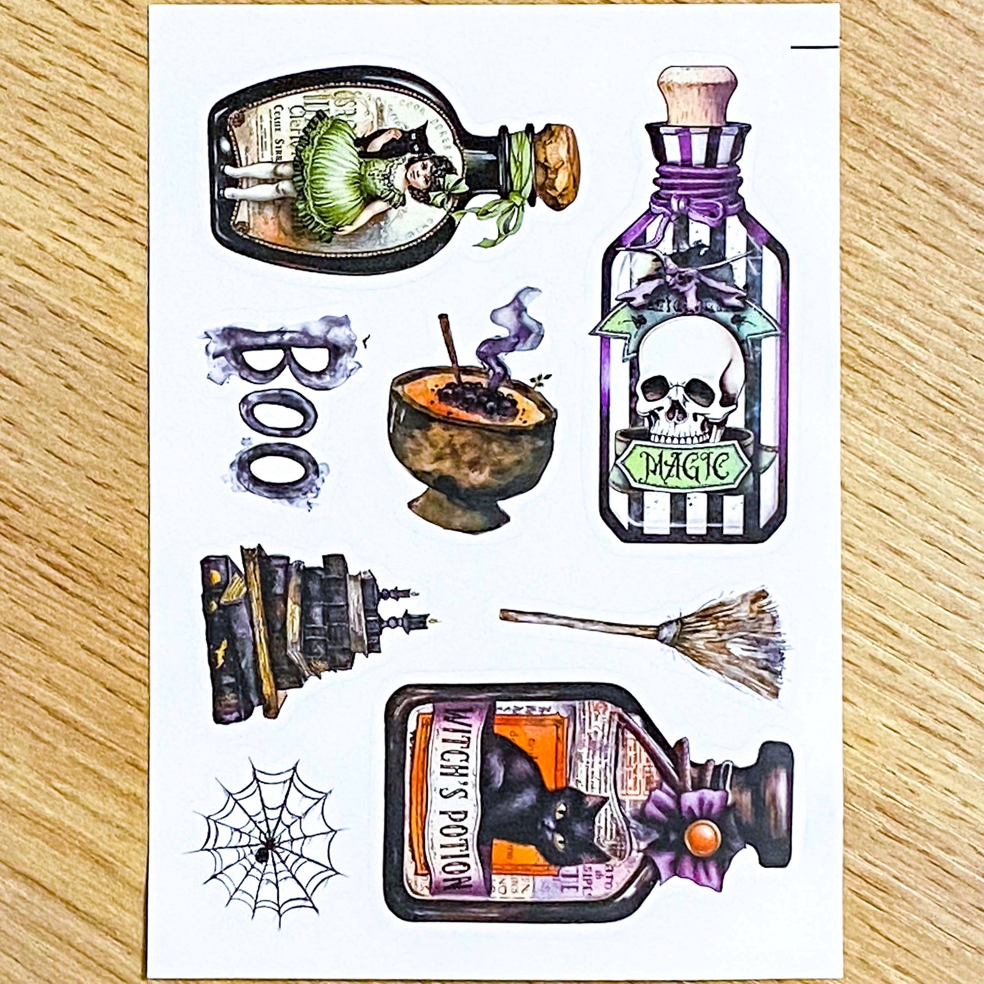 magic magical potion potions bottle bottles jar jars halloween sticker stickers spooky cute uk kawaii stationery bargain pretty glossy peel off die cut cuts cat cats black skull skulls fairy witch cauldron black white green orange purple