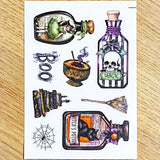 magic magical potion potions bottle bottles jar jars halloween sticker stickers spooky cute uk kawaii stationery bargain pretty glossy peel off die cut cuts cat cats black skull skulls fairy witch cauldron black white green orange purple