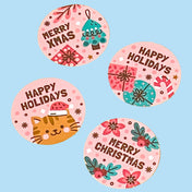 very large 40mm 4cm pink christmas sticker stickers seal seals round glossy happy holidays merry christmas xmas cat tree presents poinsettia uk cute kawaii packaging supplies shop store stationery