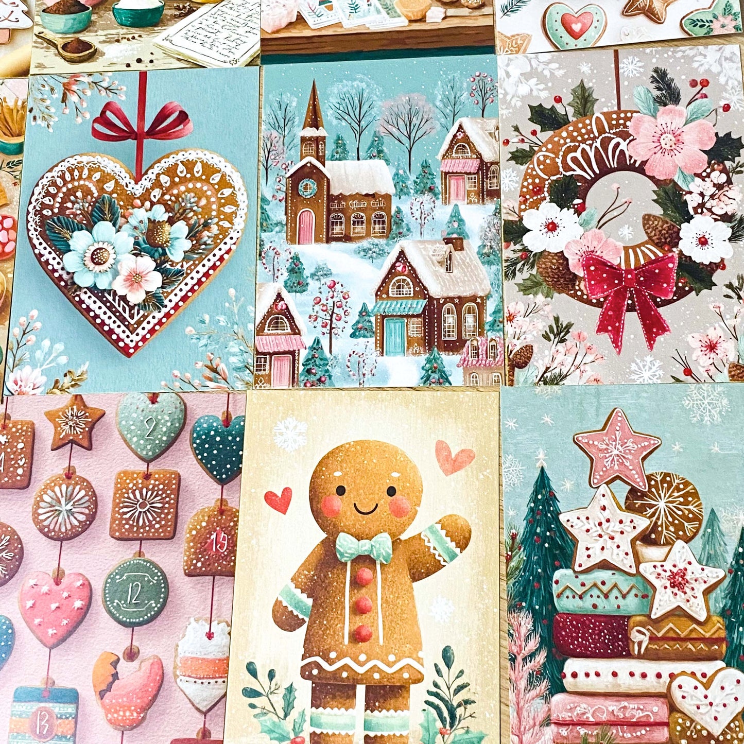 pastel gingerbread men man cottage deer cookie cookies house tree winter christmas festive card postcard postcards decoration decorations baking food set of 3 uk cute kawaii stationery shop store pretty beautiful 