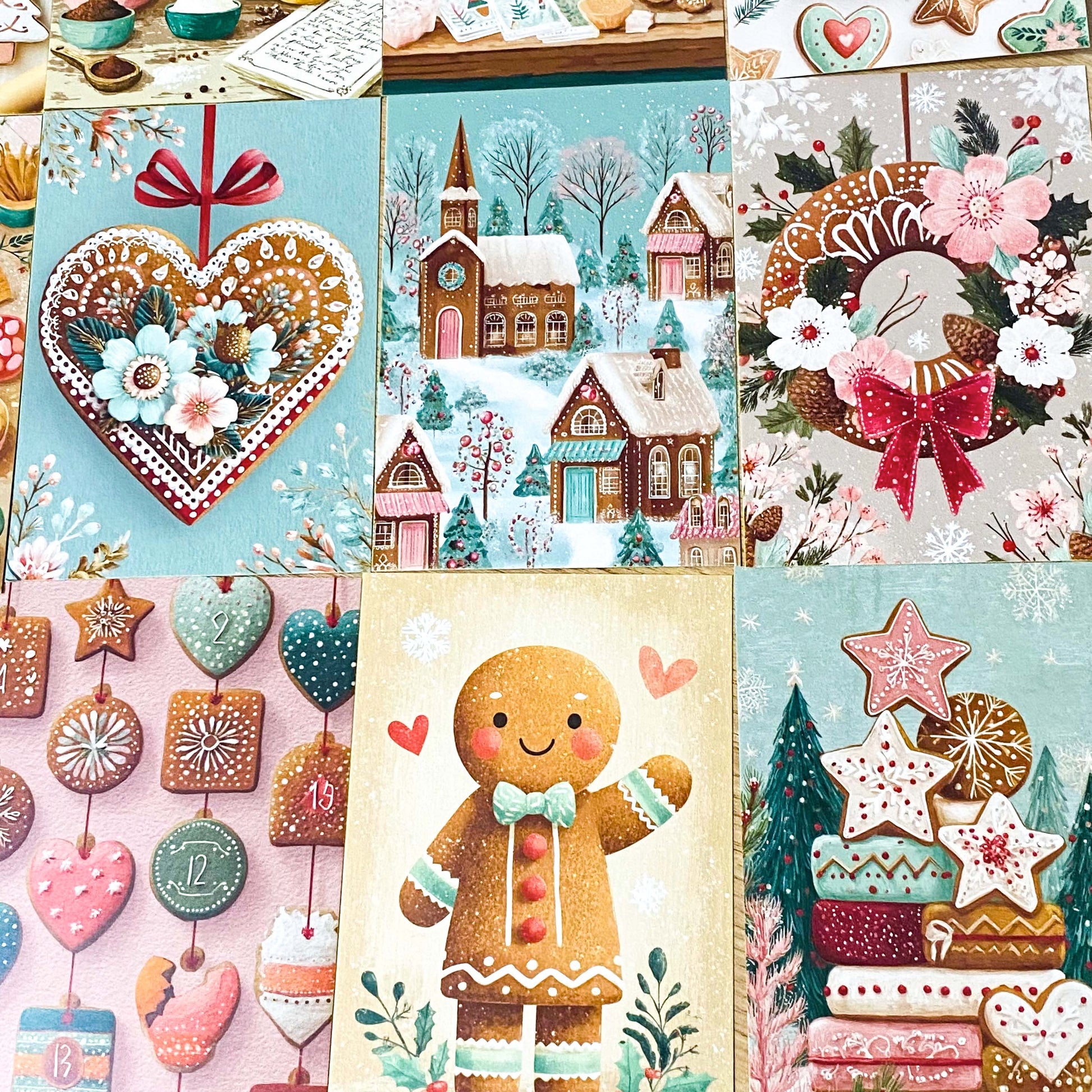 pastel gingerbread men man cottage deer cookie cookies house tree winter christmas festive card postcard postcards decoration decorations baking food set of 3 uk cute kawaii stationery shop store pretty beautiful 