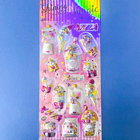 very large pack of 3d shaker puffy stickers with moving sequins and bright pink magical motifs