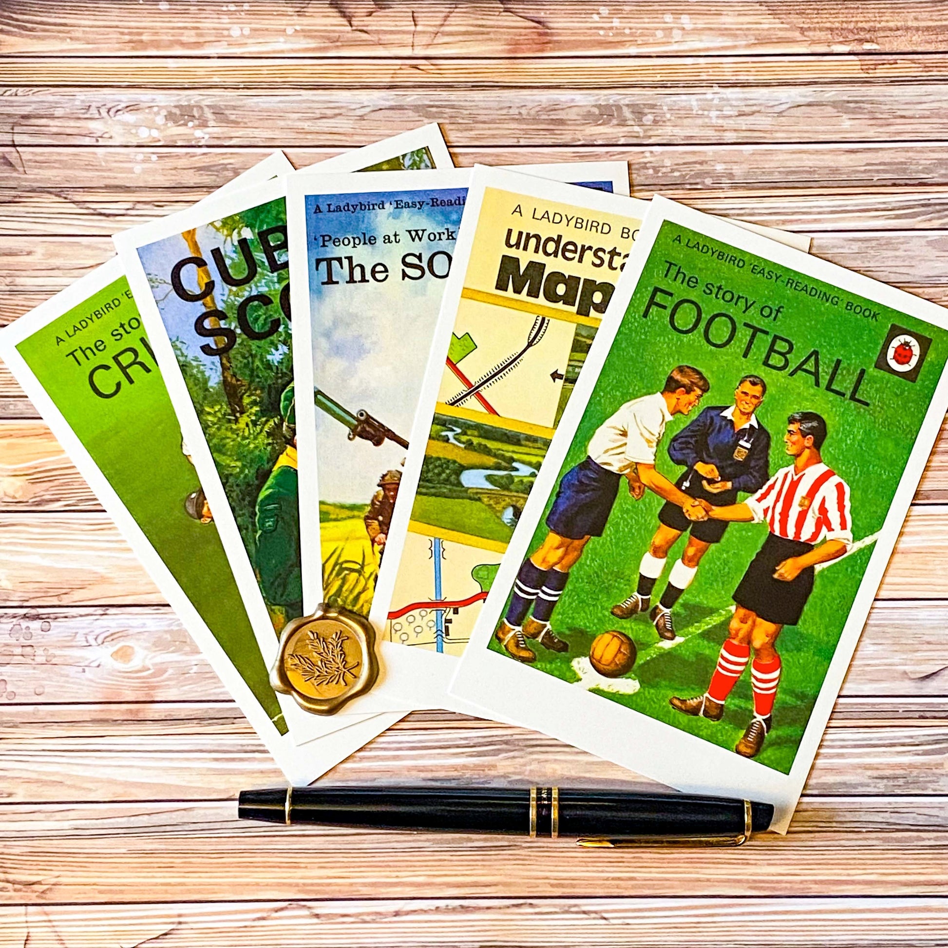 vintage postcard set ladybird book covers styled with fountain pen, nostalgic stationery gift