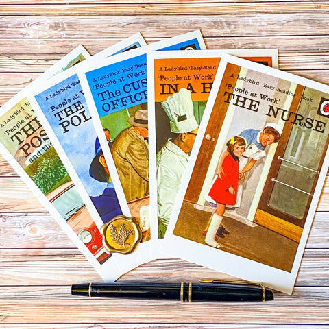 ladybird book cover postcards set with nurse, policeman, customs officer, postman and hotel worker 